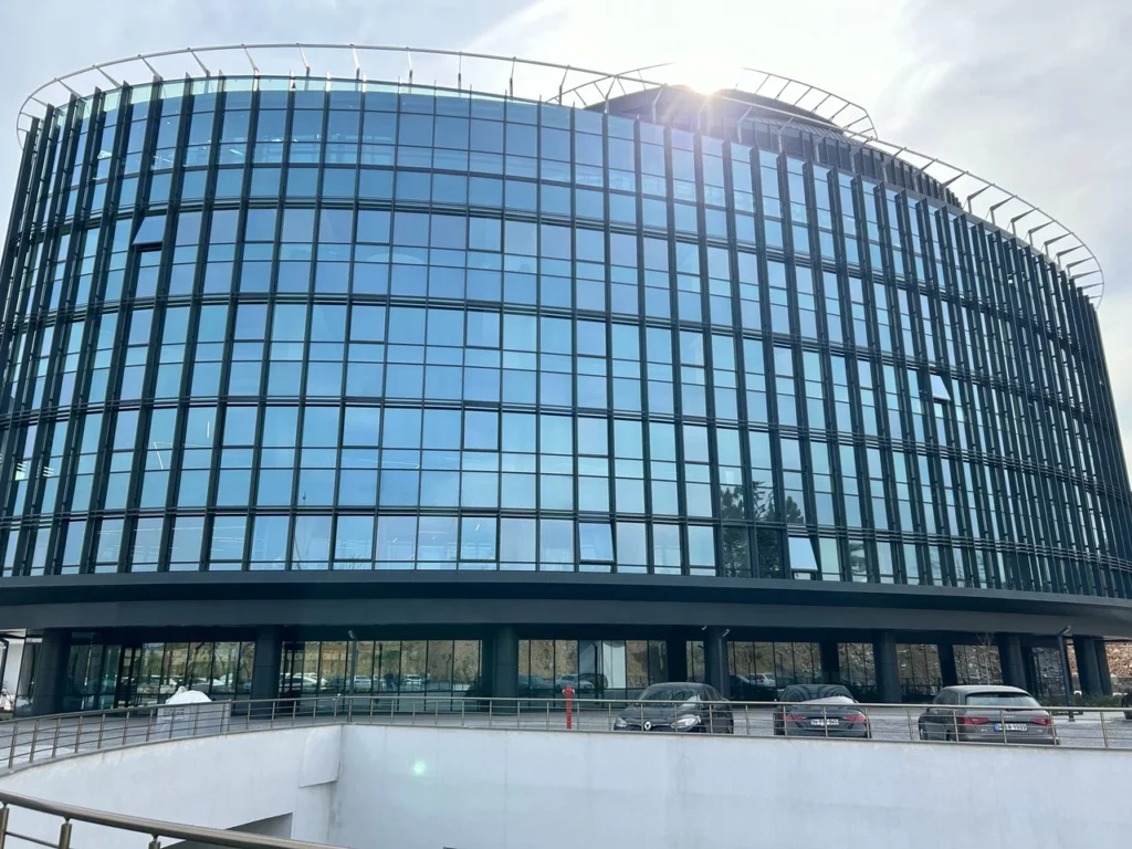 Reflective glass façade of an office building