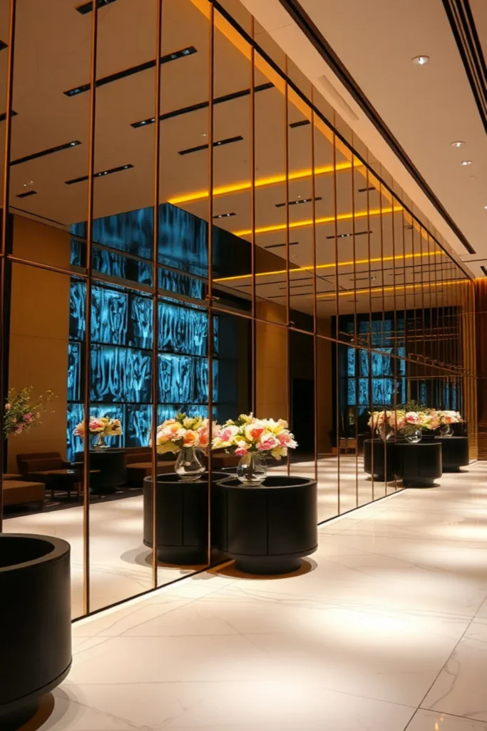 Decorative mirror panels in a lobby