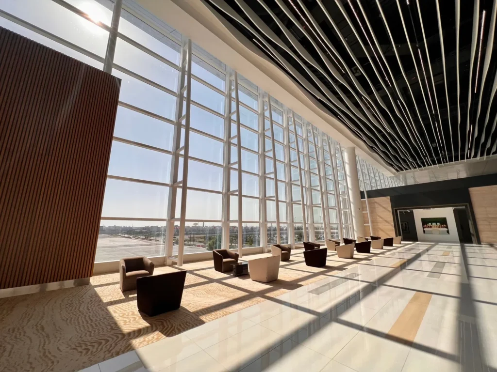 Airport terminal with tempered glass