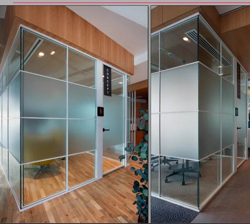 Office partitions with frosted glass bands