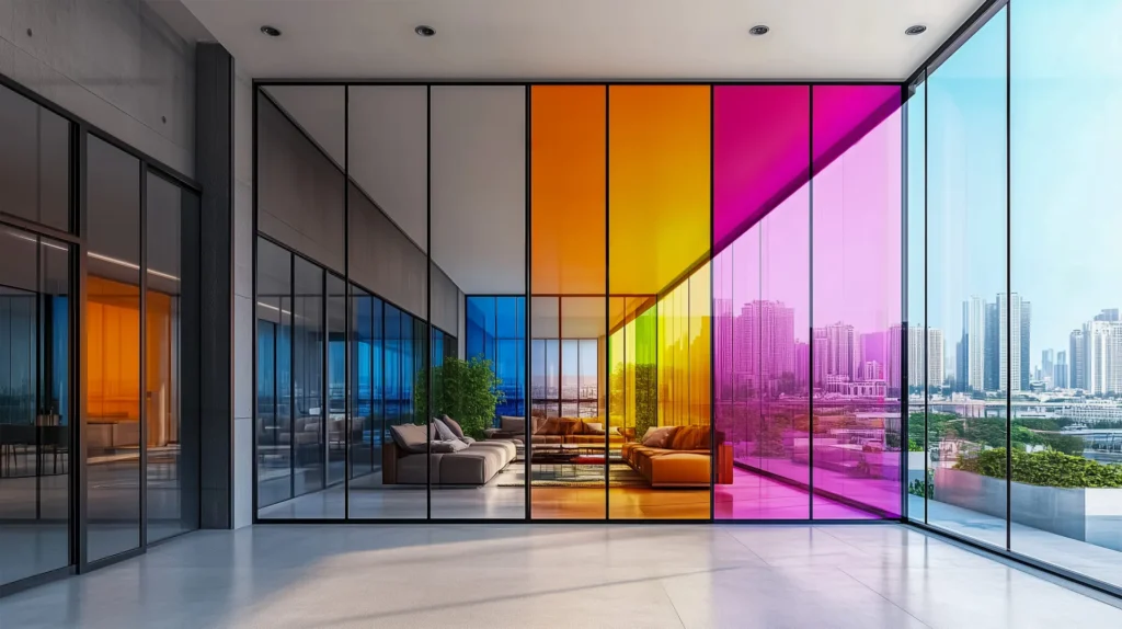 Interior with vibrant polychromatic glass wall