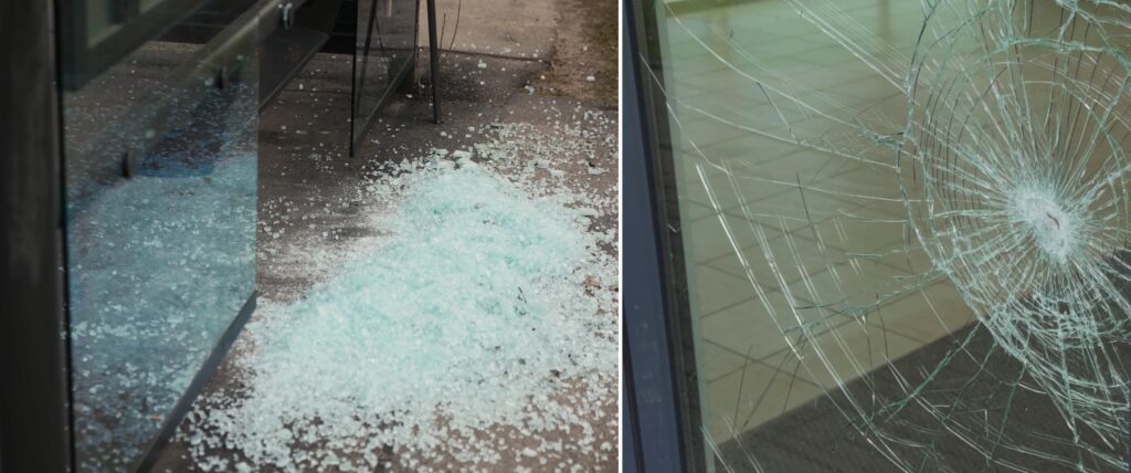 Tempered vs laminated glass: broken tempered glass fragments (left) and cracked laminated glass held together (right)