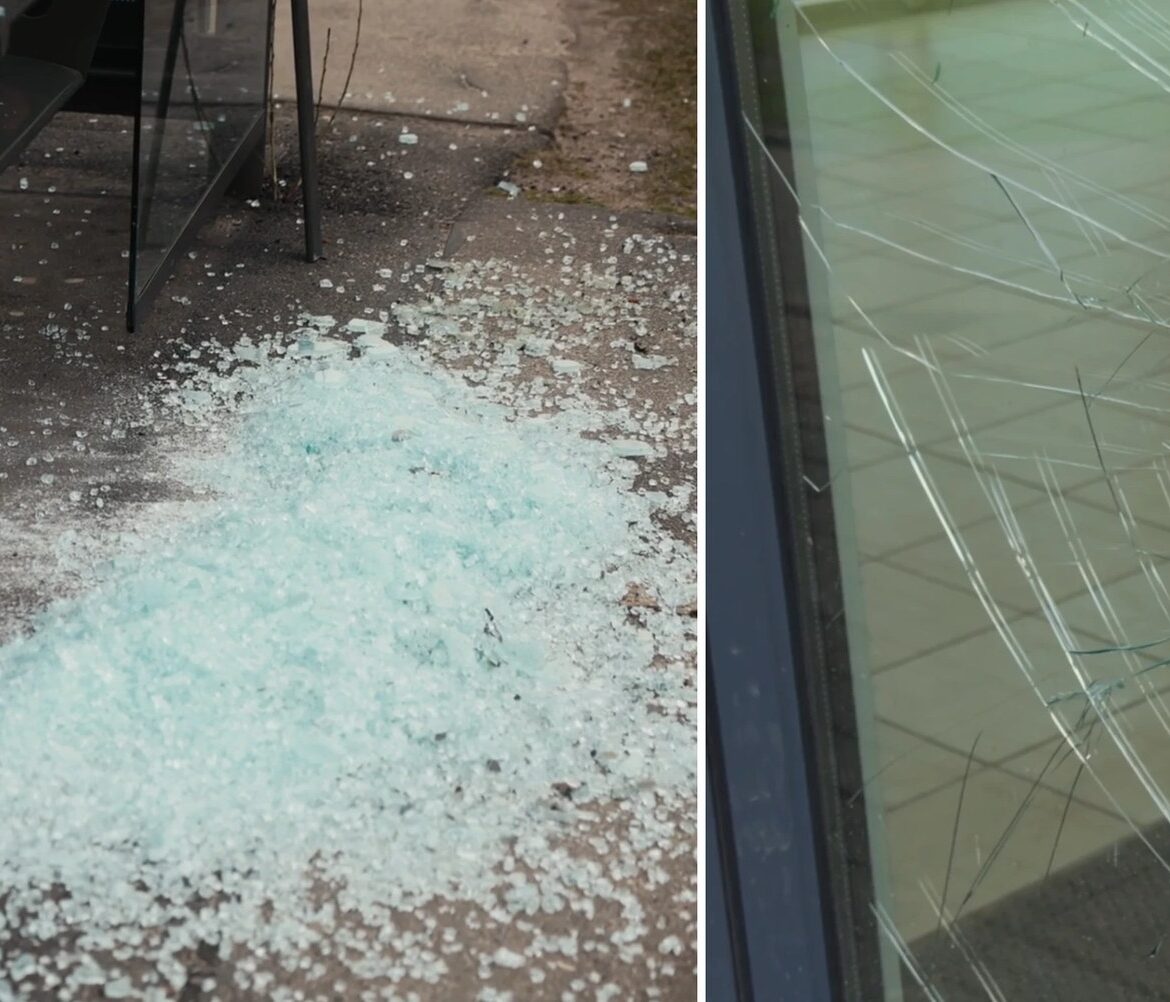 Tempered vs laminated glass: broken tempered glass fragments (left) and cracked laminated glass held together (right)
