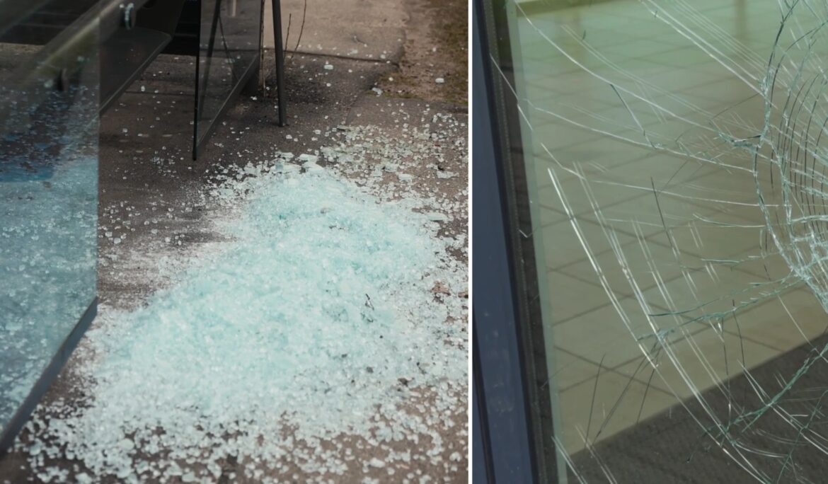 Tempered vs laminated glass: broken tempered glass fragments (left) and cracked laminated glass held together (right)