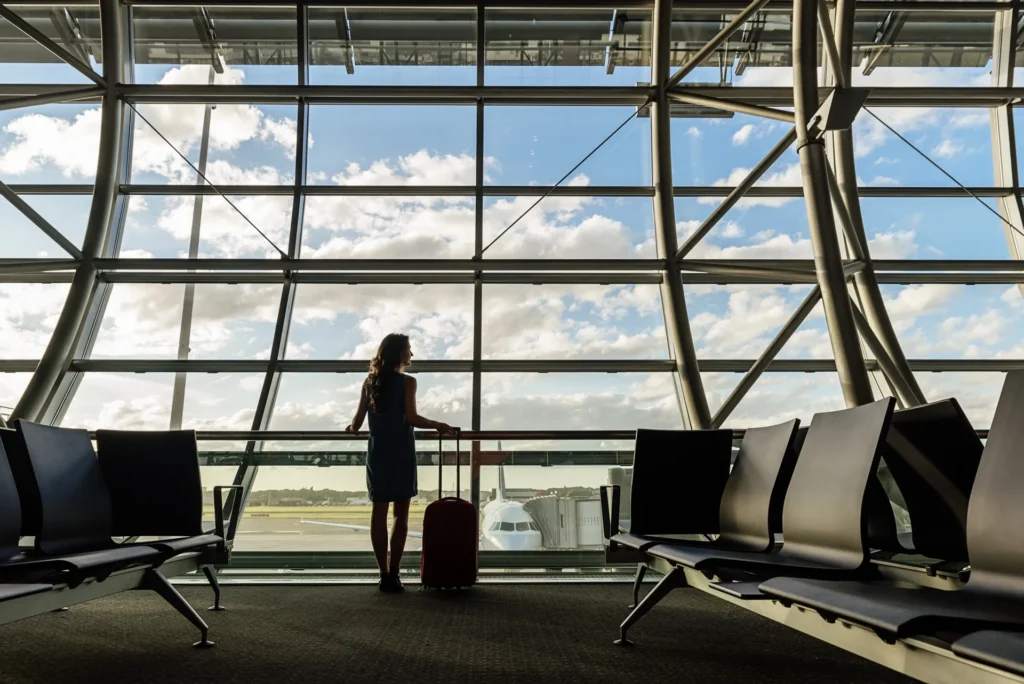 Traveller at a window with noise control glass